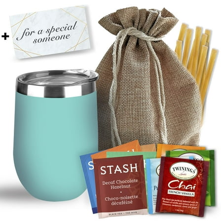 Bellina Tea Gift Baskets for Women and Men - For a Special Someone - Insulated Cup, 20 Premium Teas, 10 Honey Straws, Gift Tag & Bag