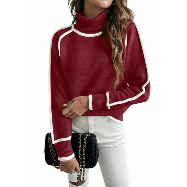 Suéteres de Otoño para Mujer, Modernos, Bonitos y Acogedores, de Cuello Alto, de Larga y Punto con Bloques de Color. Rojo L