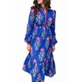 thumbnail image 2 of Women's Blue Floral Print Midi Dress with Striped Trim and Ruffle Hem - [ZhiHiMeRi] | L, 2 of 6
