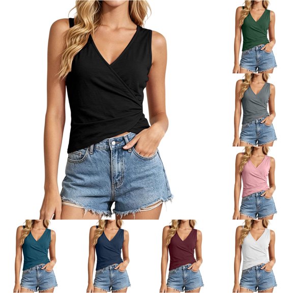 Krdevn Women Solid Sleeveless V Neck Wrap Tank Top Casual Slim Fit Daily Summer Blouse,Black