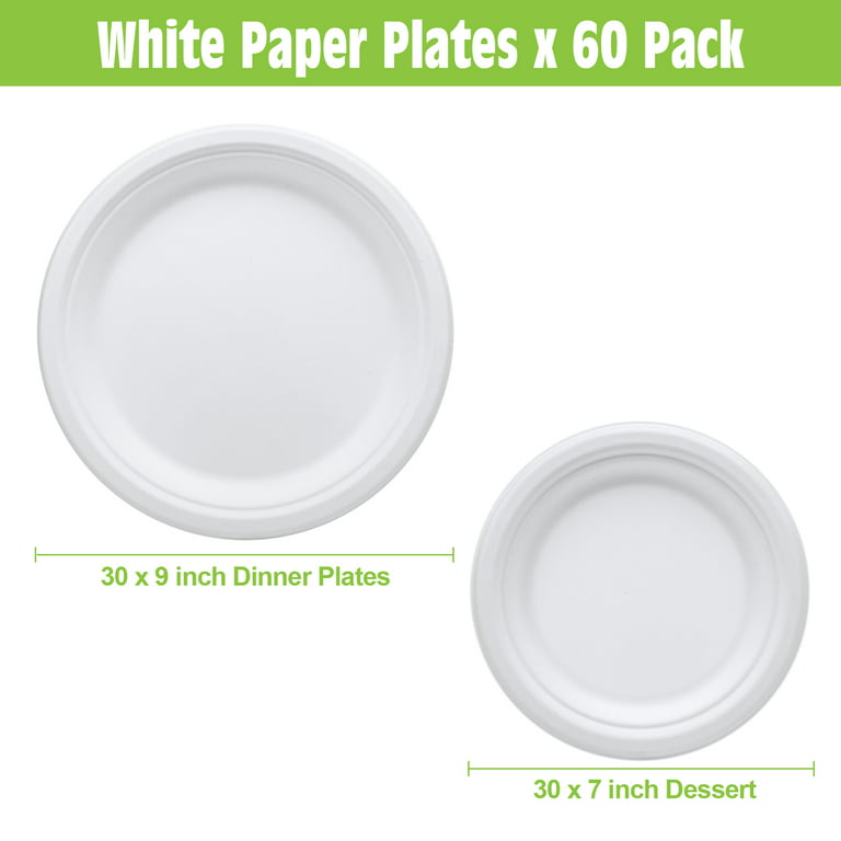 Treamon 7 in 9 in Disposable White Paper Plates, Compostable Heavy Duty Paper  Plates, 60 Count 