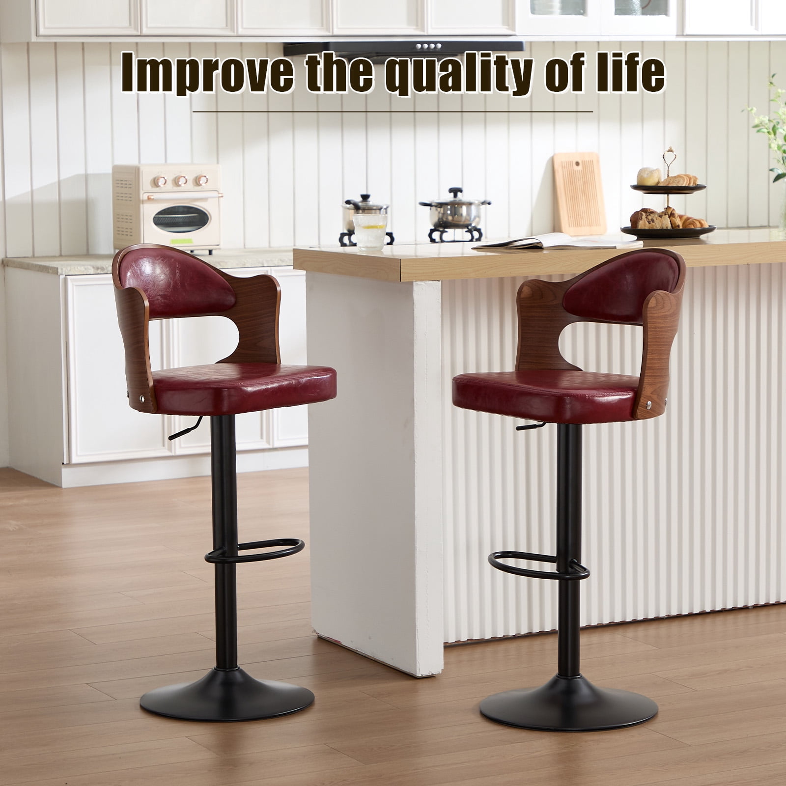 MOONMISS Swivel Bar Stools Set of 2, Wooden Kitchen Bar Chairs with Back, PU Leather Counter Height Barstools for Kitchen Island,Wine Red