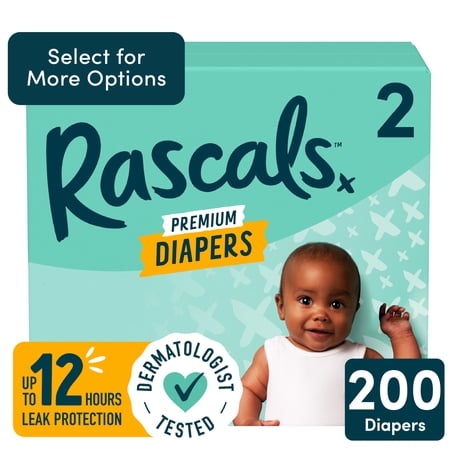RASCALS PREMIUM ABSORBENT BABY DIAPERS SIZE 2, 200 COUNT