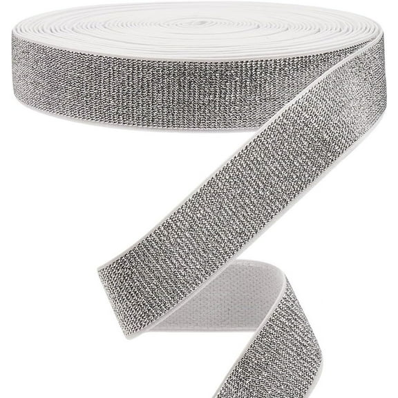 12 Yards Silver Glitter Elastic Bands 0.98in/2.5cm Wide Metallic Stretch Sewing Band Woven Knit Ribbon Spool Headband for Crafting Waistband Pants Waist Webbing Garment Clothes Accessory