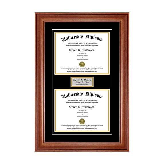Personalized Double Diploma Frame with Double Matting for 17" x 14" Tall Diploma with Walnut 2" Frame