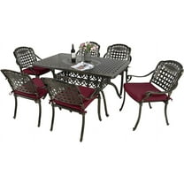 MEETWARM 7-Piece Outdoor Furniture Dining Set, All Weather Cast Aluminum Patio Garden Set with 6 Chairs, 6 Cushions, 1 Rectangular Table, 2" Umbrella Hole, Dark Bronze, Chili Red