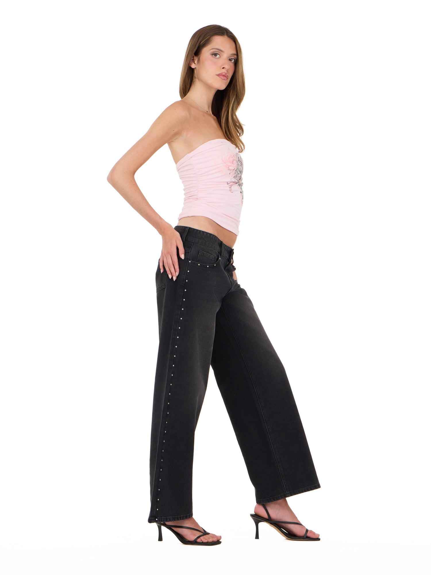 Forever 21 Women's Tube Top with Front and Back Lining, Fixed Side Ruching and Graphic Rhinestone Detail, Fitted Strapless Casual Style, Pink, XXS-XXL