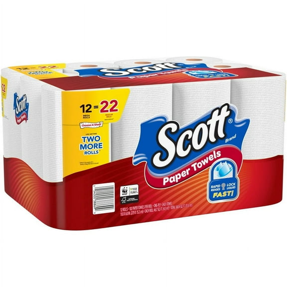 Scott Choose-A-Sheet Paper Towels - Mega Rolls - 1 Ply - 102 Sheets/Roll - White - Perforated, Absorbent - For Home, Office, School - 12 / Pack | Bundle of 2 Packs