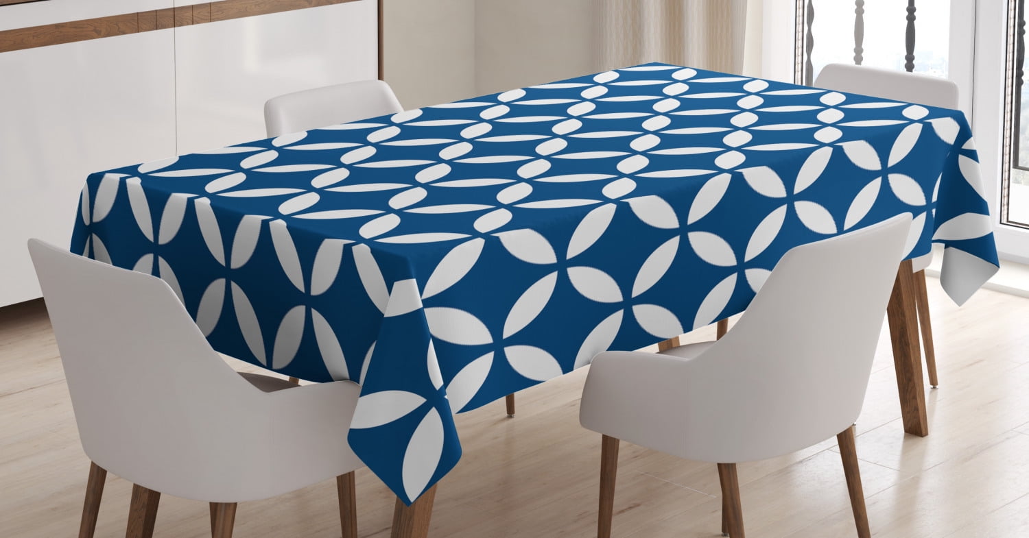 Navy Tablecloth, Vintage Circles with Overlapping Rounds Oval Figures