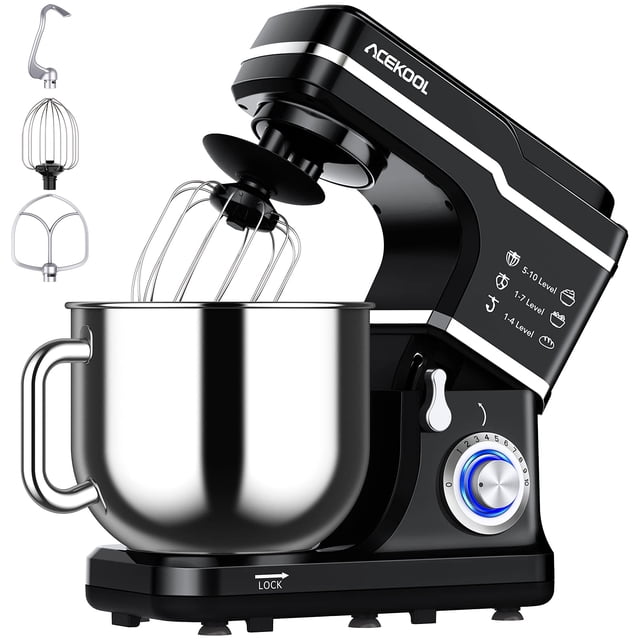 QinaQin Batidora de pedestal de 7.5 QT y 660 W, cabezal inclinable, 10 velocidades, con gancho, batidor y protector contra salpicaduras