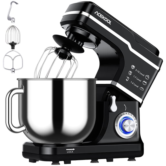 Stand Mixer, 7.5QT 10-Speed Tilt-Head Electric Low Noise Stand Mixer, 3-in-1 Kitchen Mixer with Dough Hook, Whisk, Beater and Splash-Proof Cover, Food Mixer for Daily Use,Black
