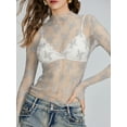 thumbnail image 4 of Douhoow Women Mesh Sheer Cover Ups Long Sleeve Slim Top Mock Neck Lace Floral See Through Shirt Tops, 4 of 8