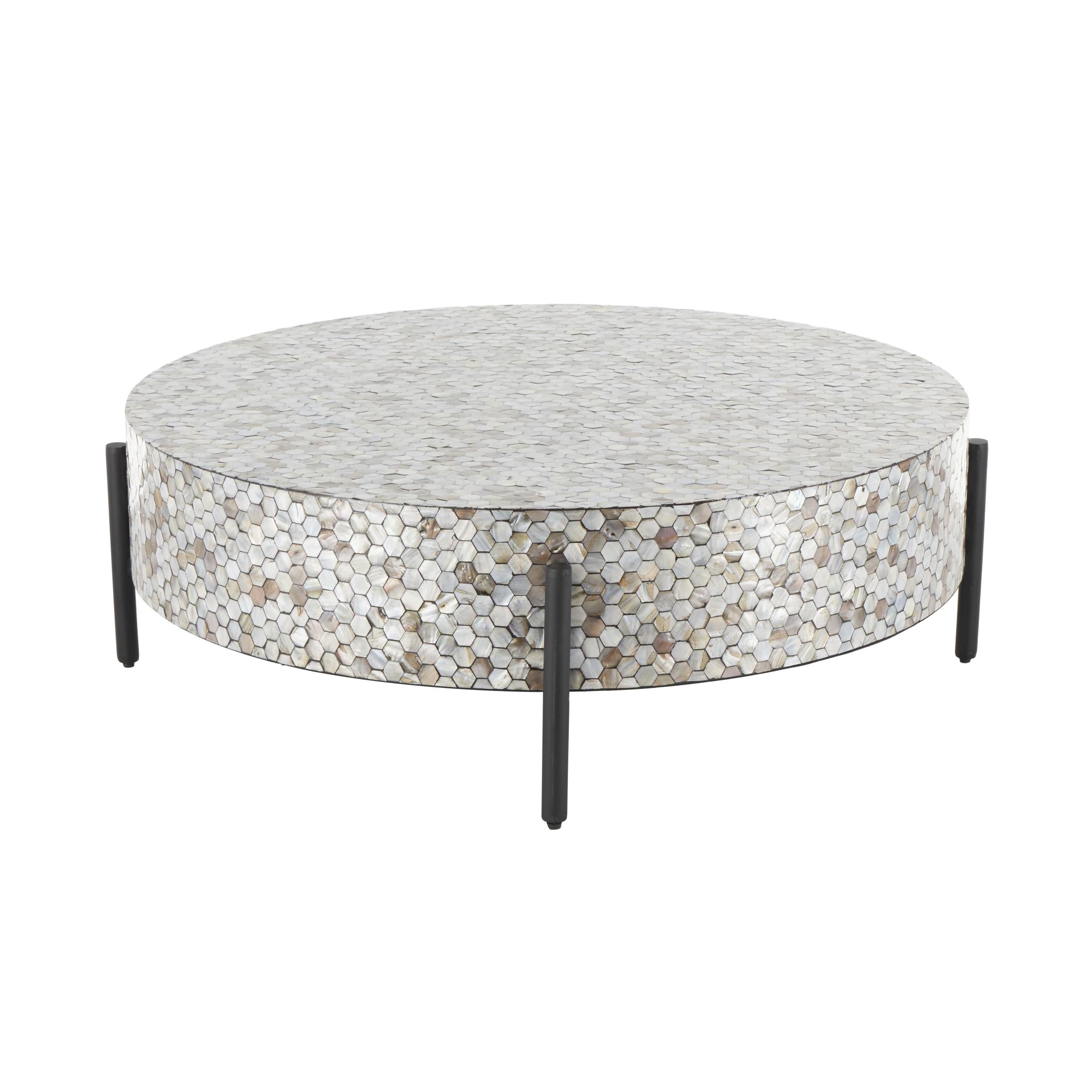 DecMode 38" x 13" Gray Mother of Pearl Shell Handmade Mosaic Inlay Geometric Coffee Table with Black Metal Legs, 1-Piece