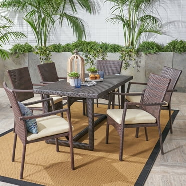Giovanni Outdoor 7 Piece Wicker Dining Set with Cushions, Multibrown, Crème