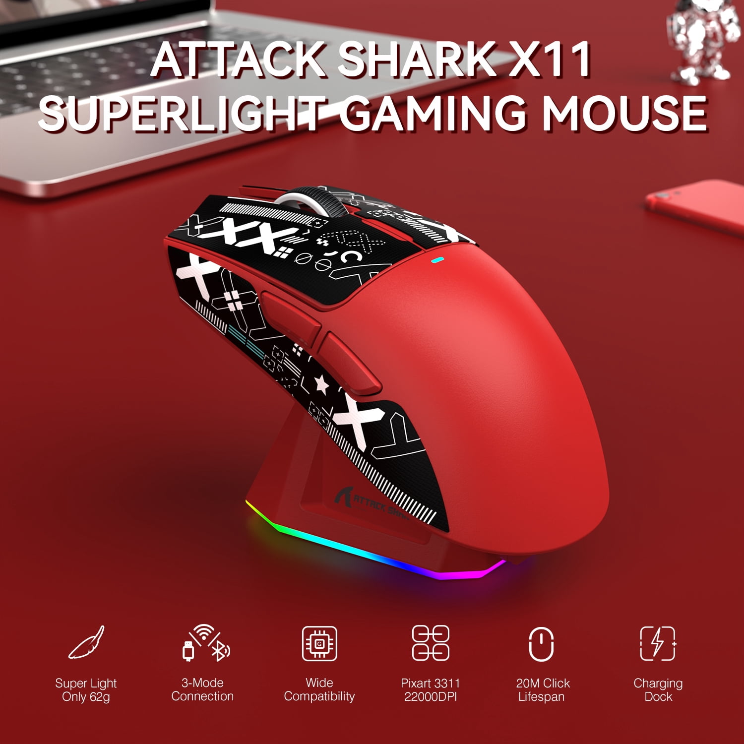 ATTACK SHARK X11 Wireless Gaming Mouse with RGB Charging Dock, Tri-Mode 2.4G/USB-C Wired/Bluetooth, 22000 DPI, PAW3311 Sensor, 5 Programmable Buttons, Grip Tape Included, Red