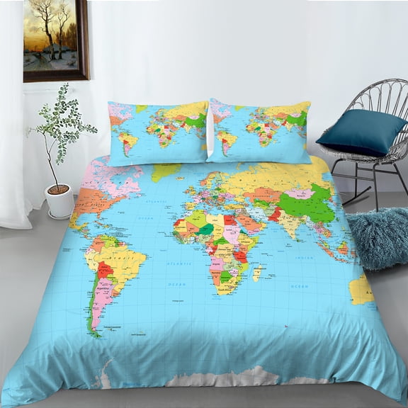 YJHDM Map Theme Bedding Set 3D Boys Teens Men's Down Duvet Cover and Pillowcase 2/3pcs Birthday Gift