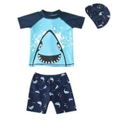 Calsunbaby 3Pcs Breathable Little Boys Swimwear Suit, Summer Children Shark/Crocodile Printing Split Swimsuit + Cap Set