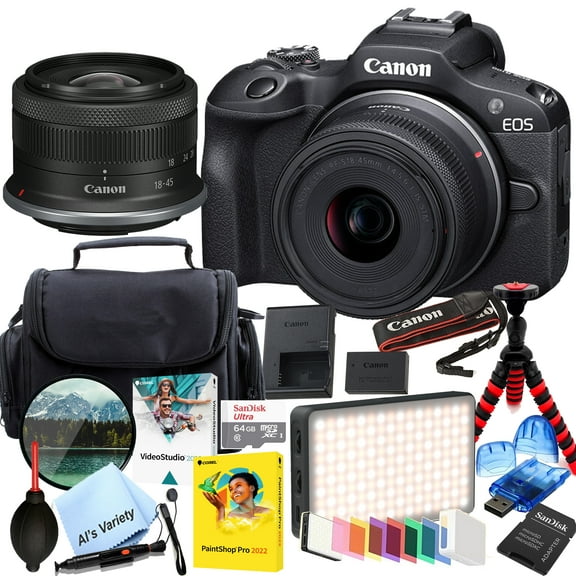 Canon EOS R100 24.2MP APS-C CMOS Sensor Mirrorless Camera with 18-45mm Lens   64GB Memory, LED Video Light, Filter, Tripod and More (International Version)