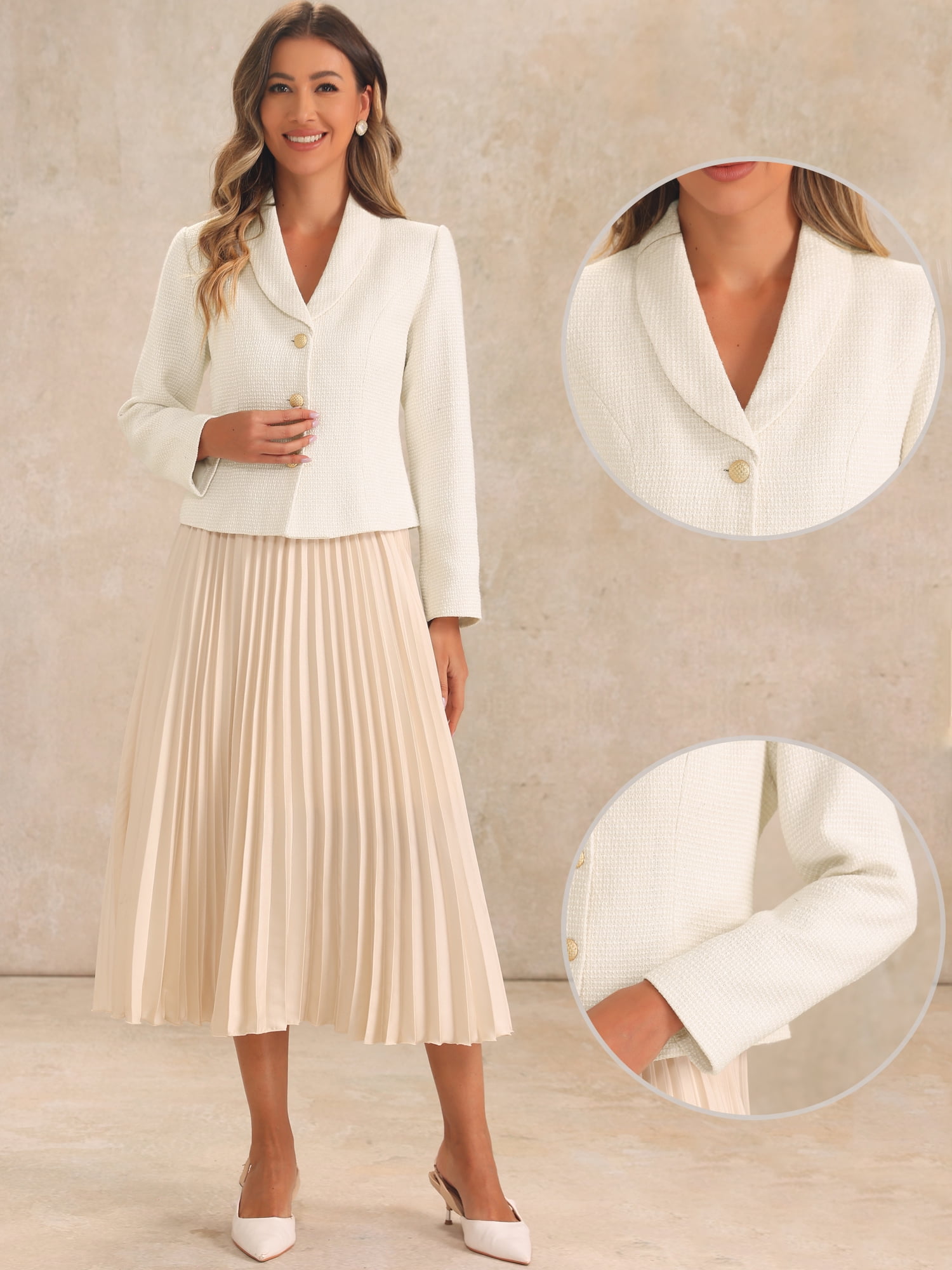 DARING DIVA Women's Lapel Collar Long Sleeves Blazer Jacket M White
