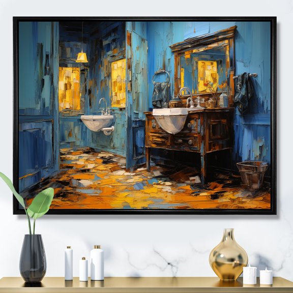 Designart "Turquoise Painted Bathroom V" Bath & Laundry Floater Framed Wall Art Print