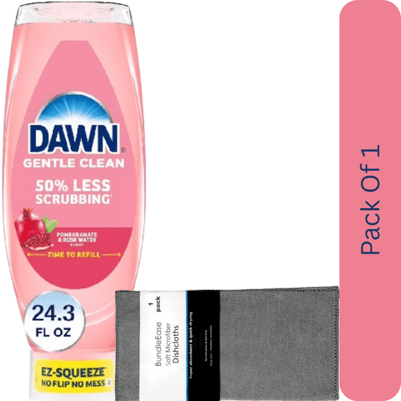 Dawn Gentle Clean EZ-Squeeze Dish Soap, Pomegranate & Rose Water Dishwashing Liquid, 24.3 oz with Microfiber Solid Color Dishcloth by BundleEase