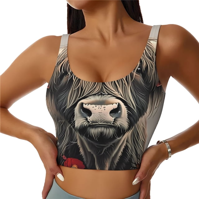 Fotbe Butterfly Cow With Flowers Sujetador Deportivo Largo sin Aros para Mujer con Almohadillas y Soporte Medio, Transpirable y Absorbente, Camiseta Tipo Chaleco o Tank Top-X-Large