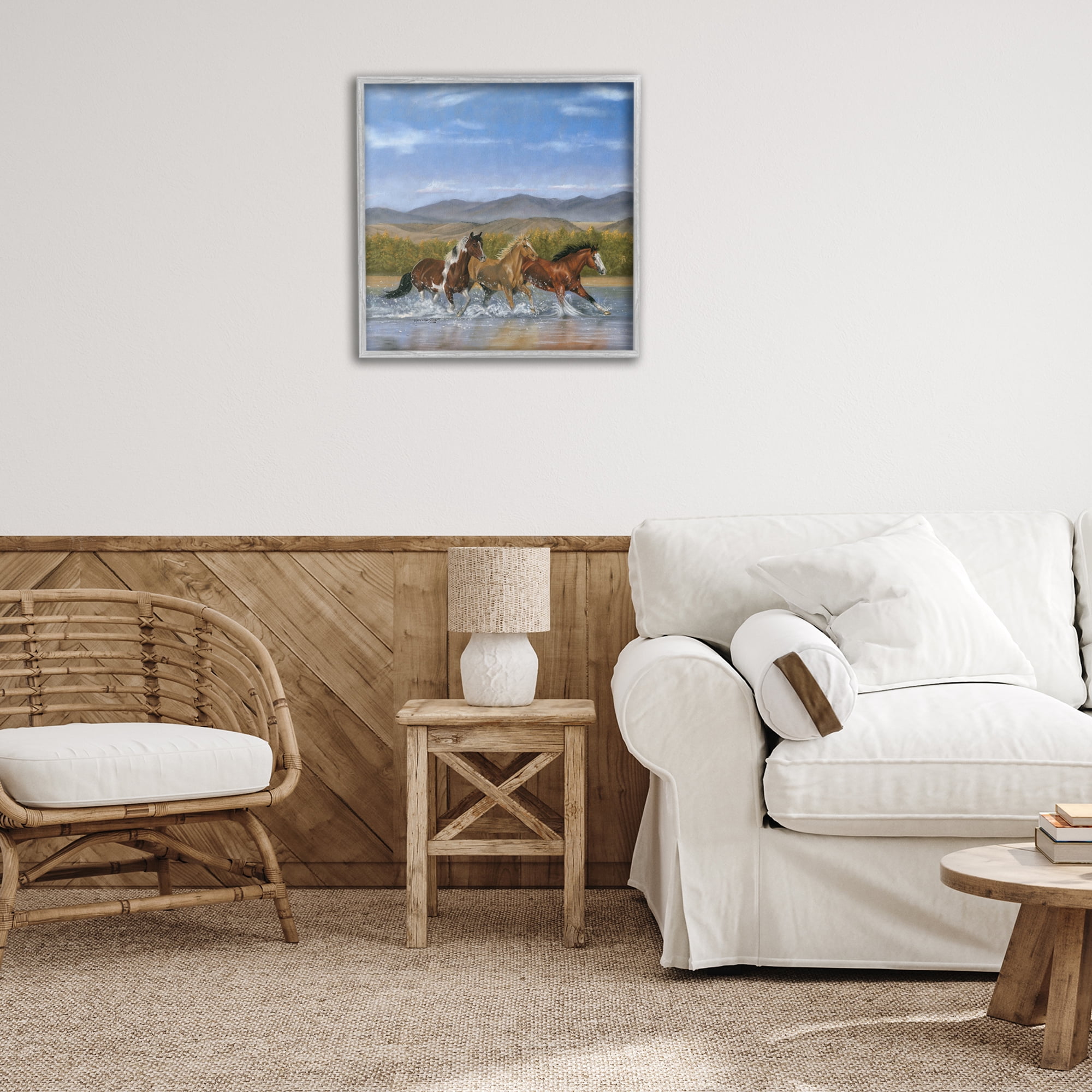 Stupell Industries Splashing River Horses Animals & Insects Painting Gray Framed Art Print Wall Art, 24 x 24