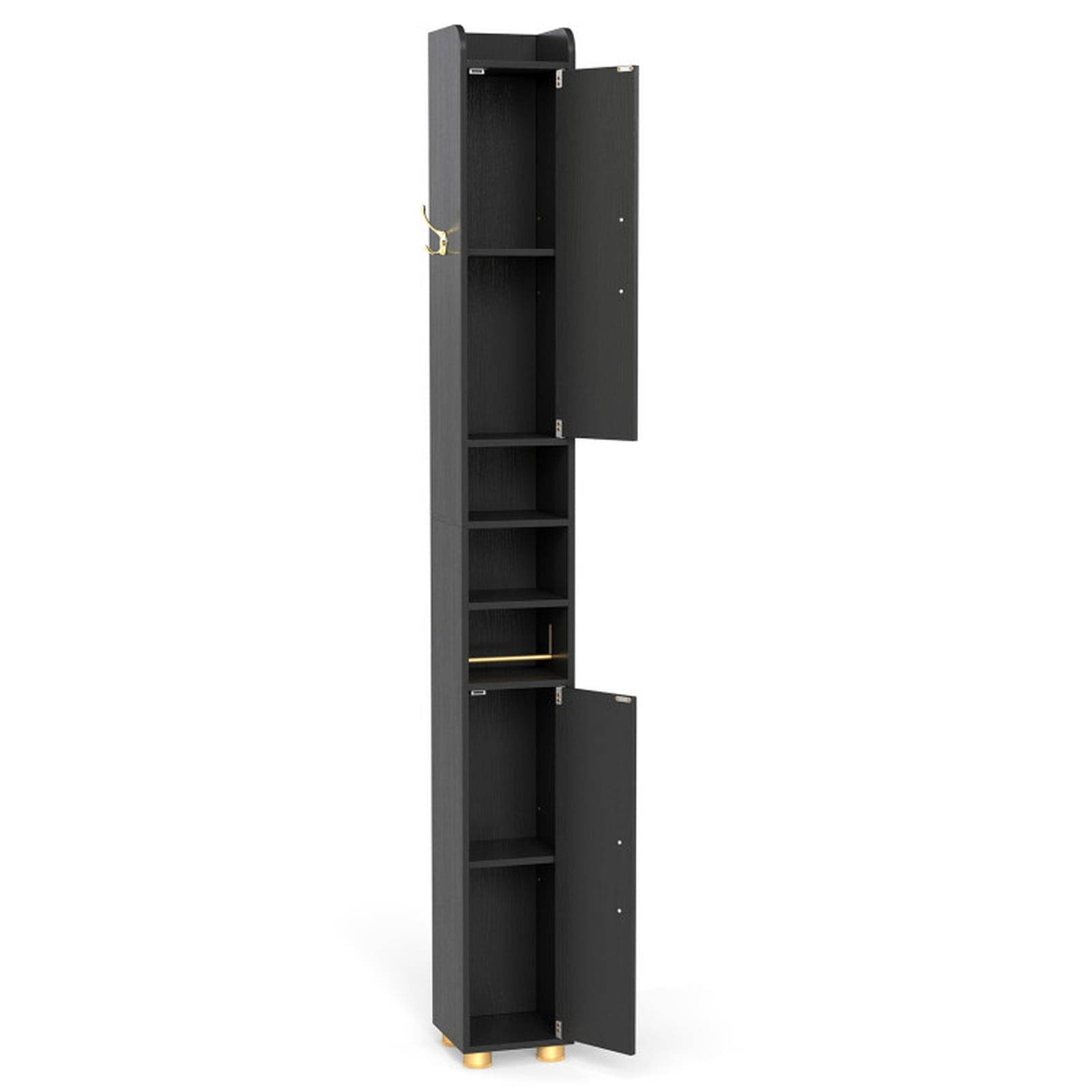 Vebreda Narrow Bathroom Storage Cabinet, Tall Slim Freestanding Cabinet with 2 Closed Cabinets, Open Shelves and Toilet Paper Holder, Adjustable Shelves and Hook, Black