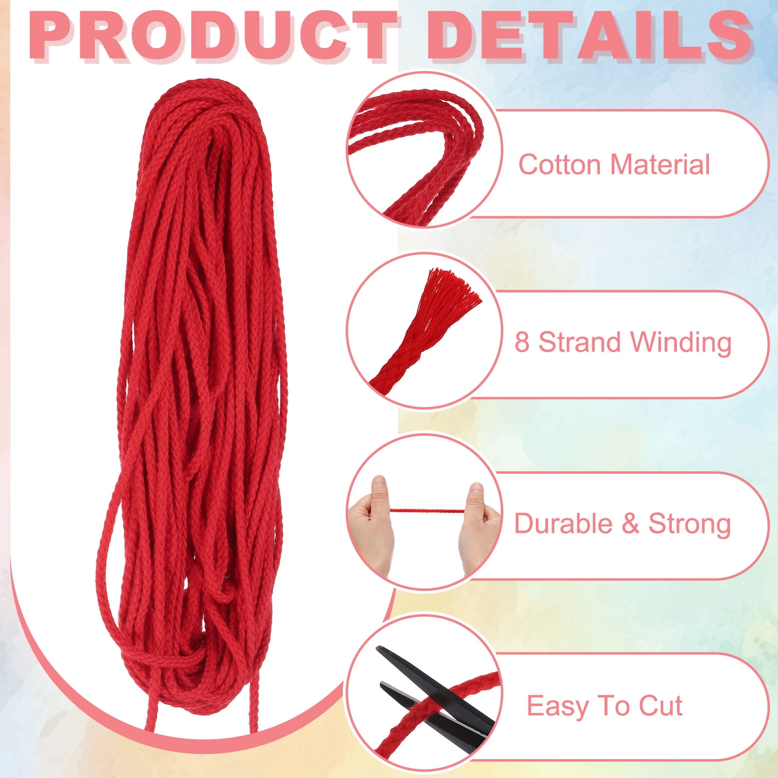 Braided Macrame Cord, 3/16" x 164ft 8 Strand Cotton Rope Braided String with Cord End Caps for Drawstring, Plant Hanger Wall Hanging, Dream Catcher Crafts, Red