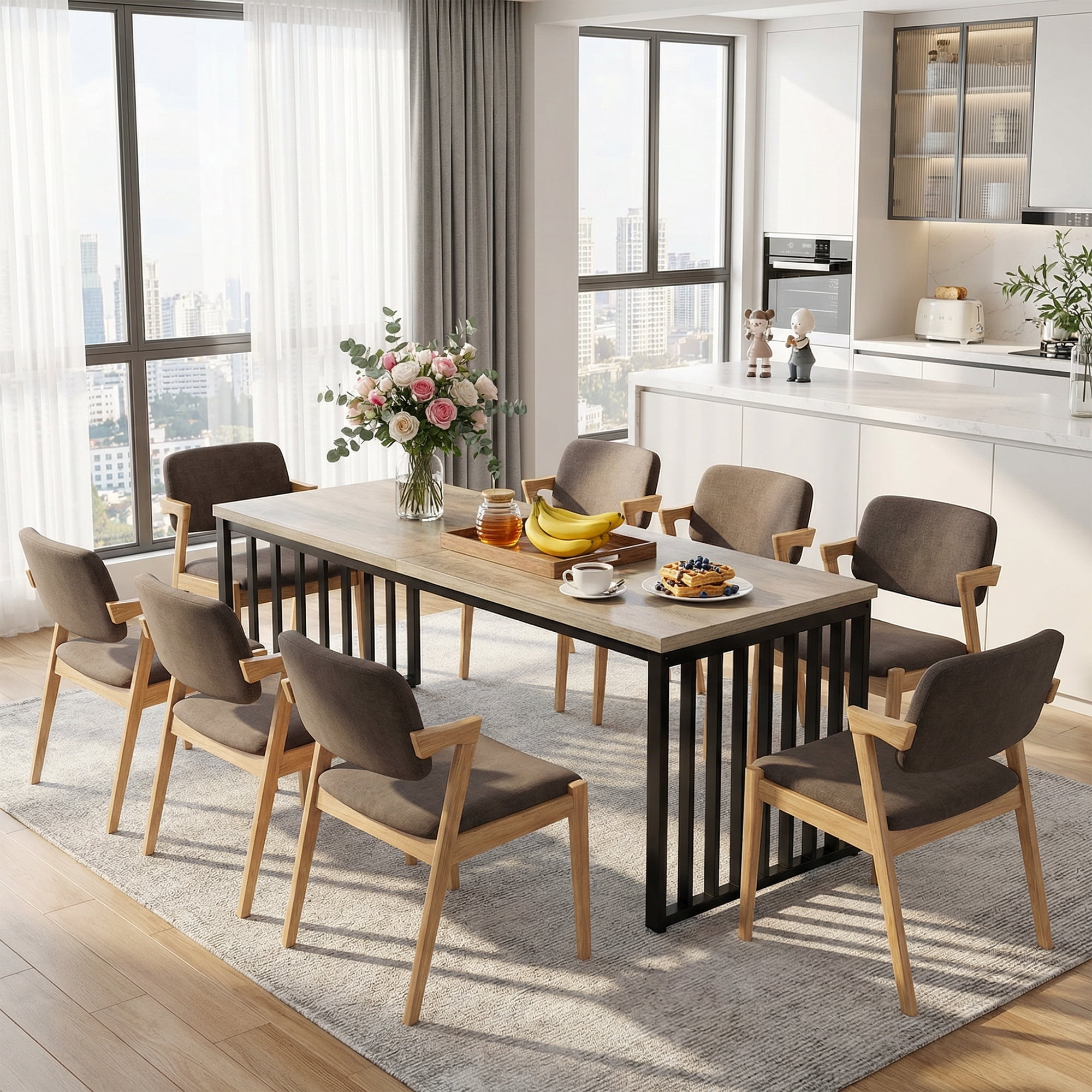 MAYEERTY 78.74 Inch Rectangular Industrial Dining Table, Rustic Wood Grain Kitchen Dinner Table with Black Metal Frame for 6 to 8 People