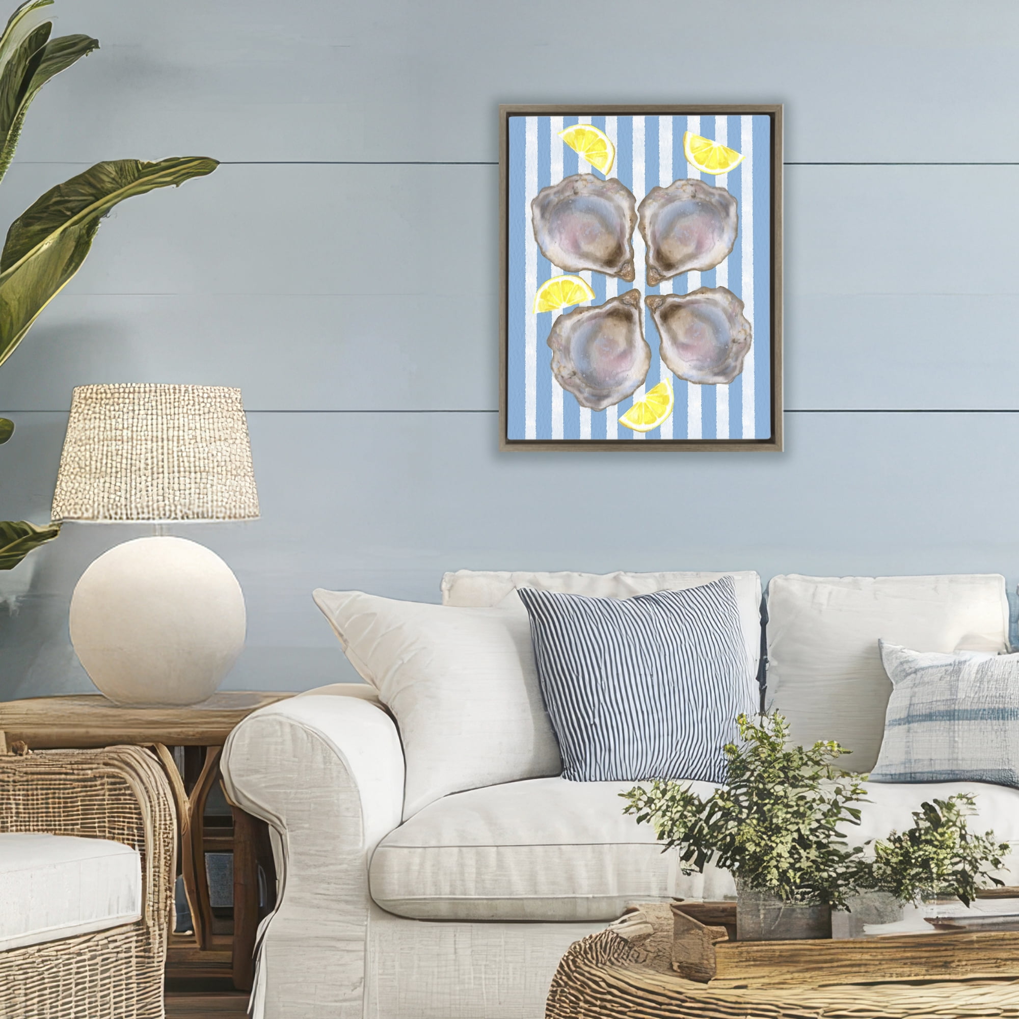Stupell Industries Blue Stripe Oysters Brown Framed Floater Canvas Wall Art, design by Matthew Piotrowicz