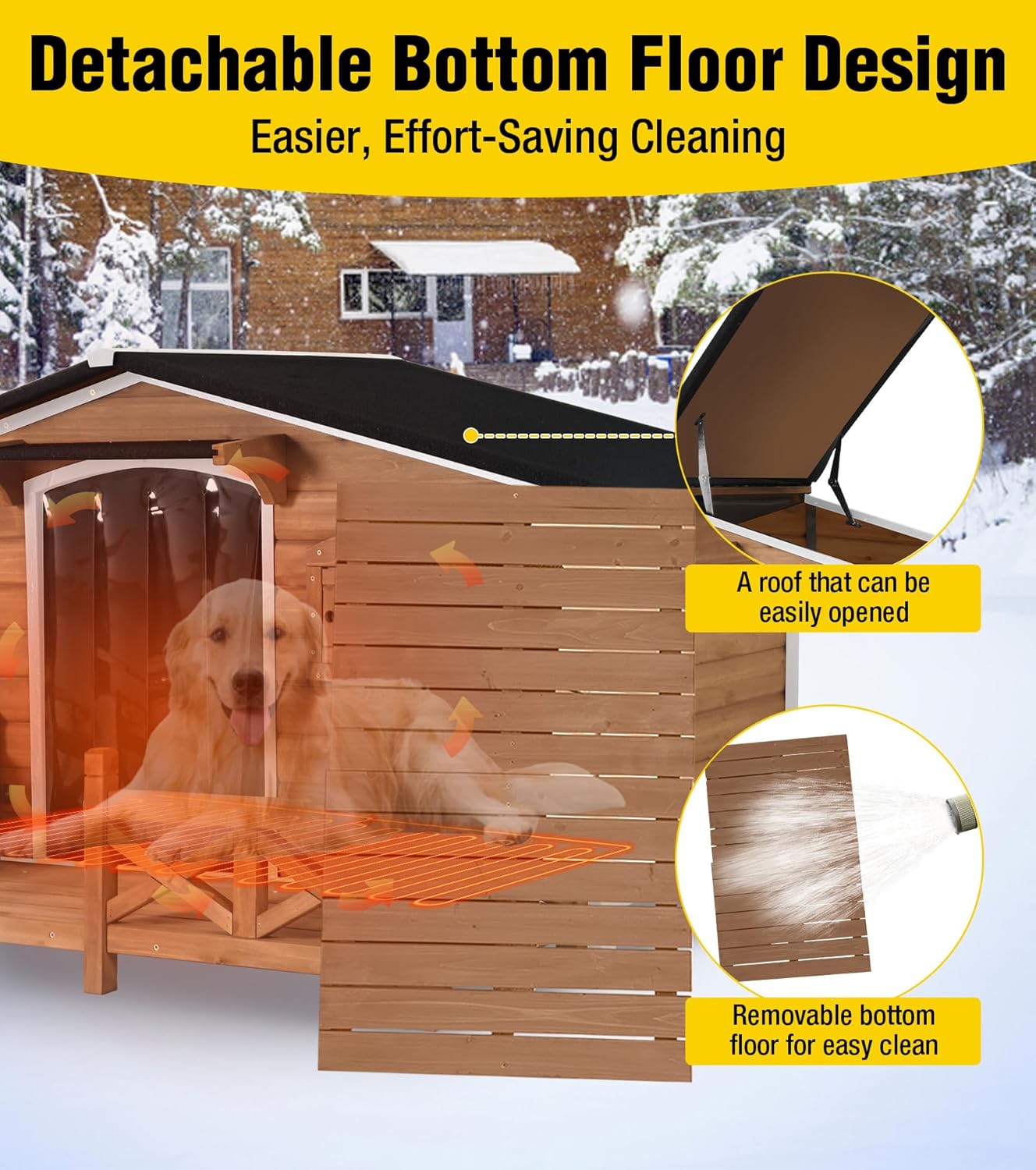 Aivituvin Heated Dog House Outdoor Dog Kennel with Safe Heated Pad, Chew-Proof Metal Frame and Rotating Food Bowl for Small to Medium Dogs, 44.6" L x 41.1" W x 32.9“H (Dark Brown)