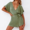 thumbnail image 5 of Summer Saving Wycnly Jumpsuits for Women Dressy Casual Solid Tie Waist Tshirt Short Jumpsuist Overalls Summer V-Neck Short Sleeve Plain Mini Trendy Rompers Army Green xl, 5 of 7