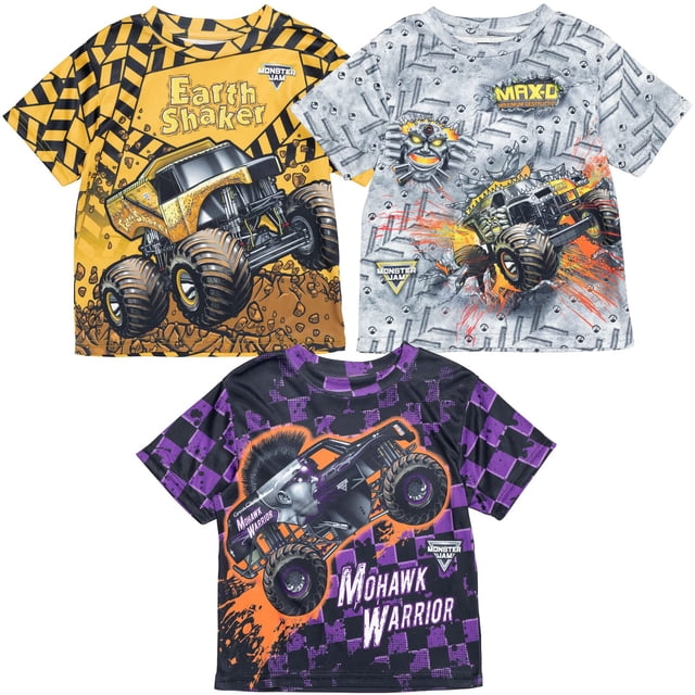 Pack de 3 camisetas Monster Jam Maximum Destruction Earth Shaker Mohawk Warrior para niños pequeños, amarillo/gris/morado, 5T