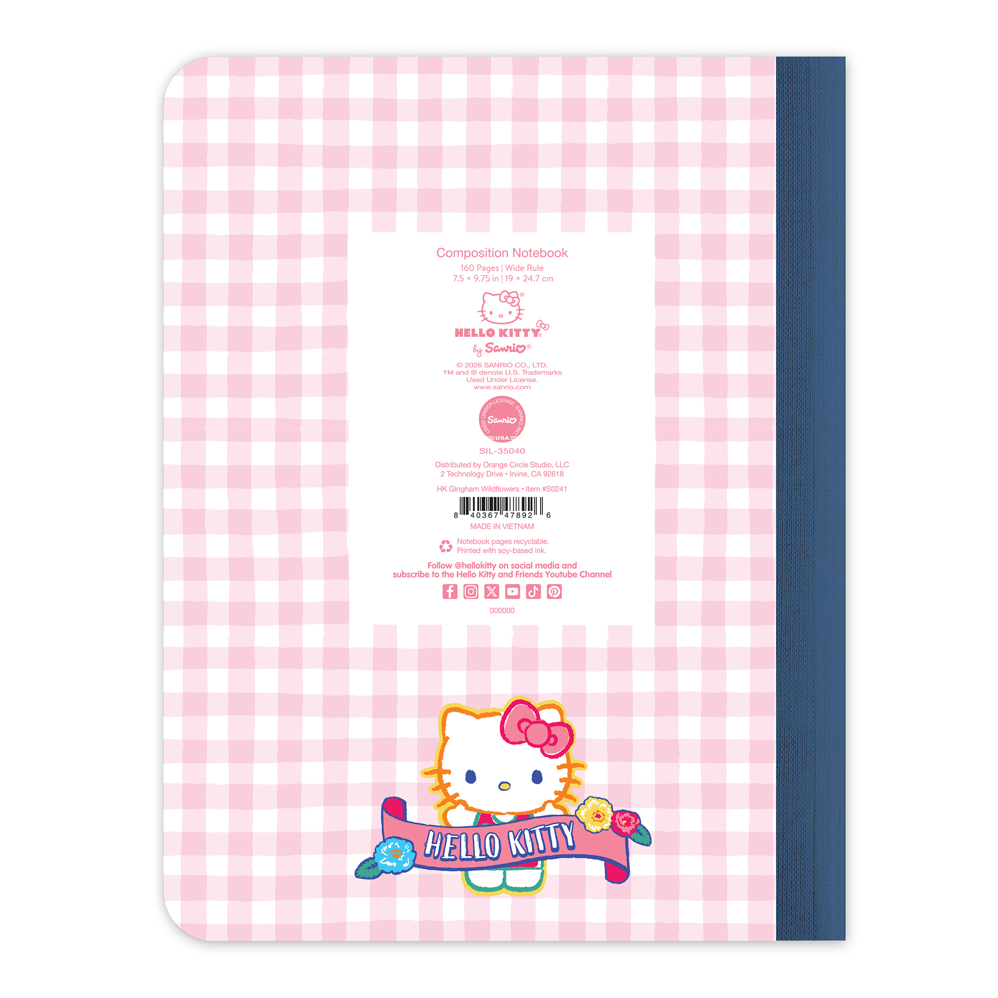 Studio Oh! Composition Notebook 7.5" x 9.75" Hello Kitty Gingham Wildflowers