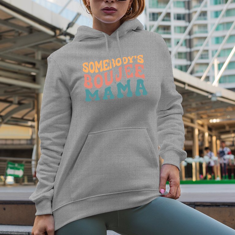 Somebody s Boujee Mama Gen Z Mom Quote Groovy Retro Wavy Text Merch Gift Heather Grey Hooded Sweatshirt or Hoodie Small