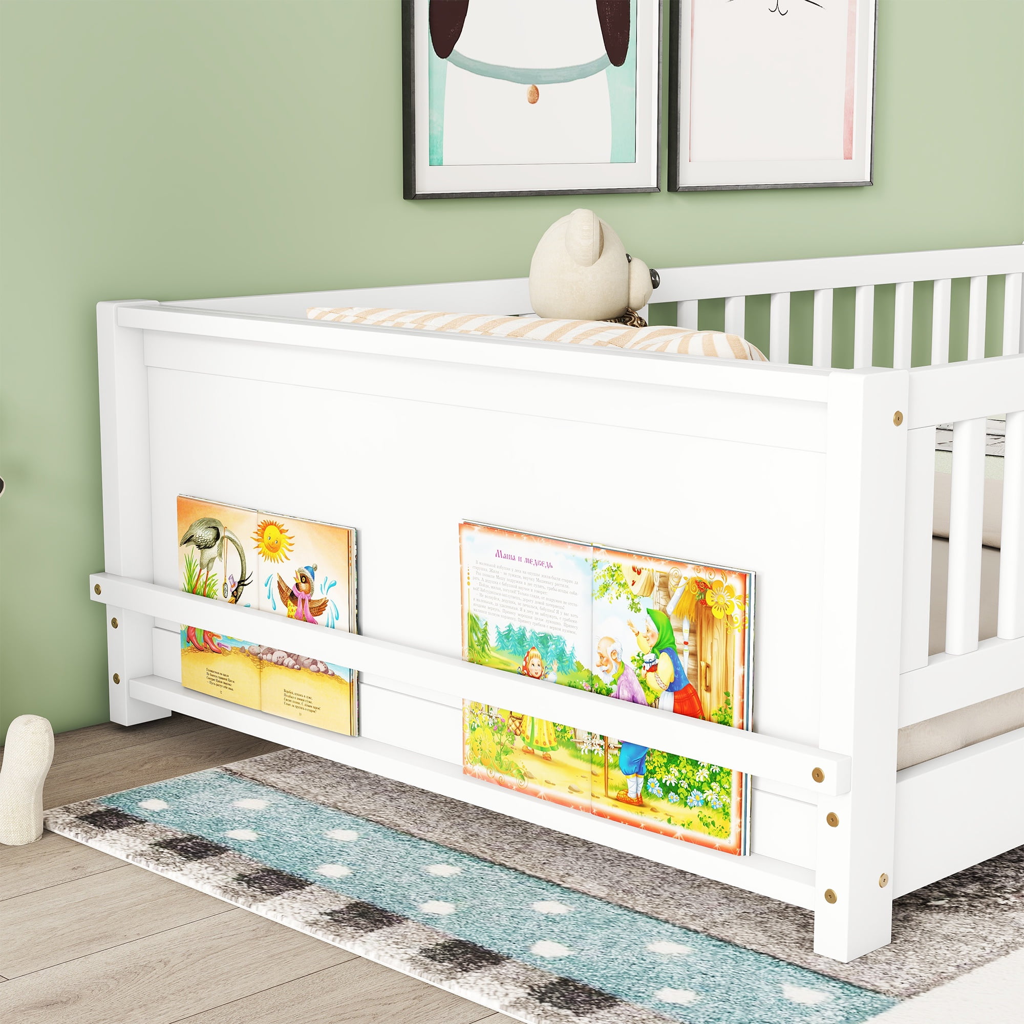 PORKISS Kids Floor Bed, Twin Size Solid Wood Floor Platform Bed with Book Storage Rack, Montessori Bed, With Door - White