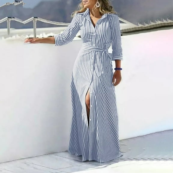 VgaVtl Womens Dresses Summer Blue Shirt Dress Long Sleeve Womens Dresses Summer Maxi Casual Loose Striped Lapel Dresses