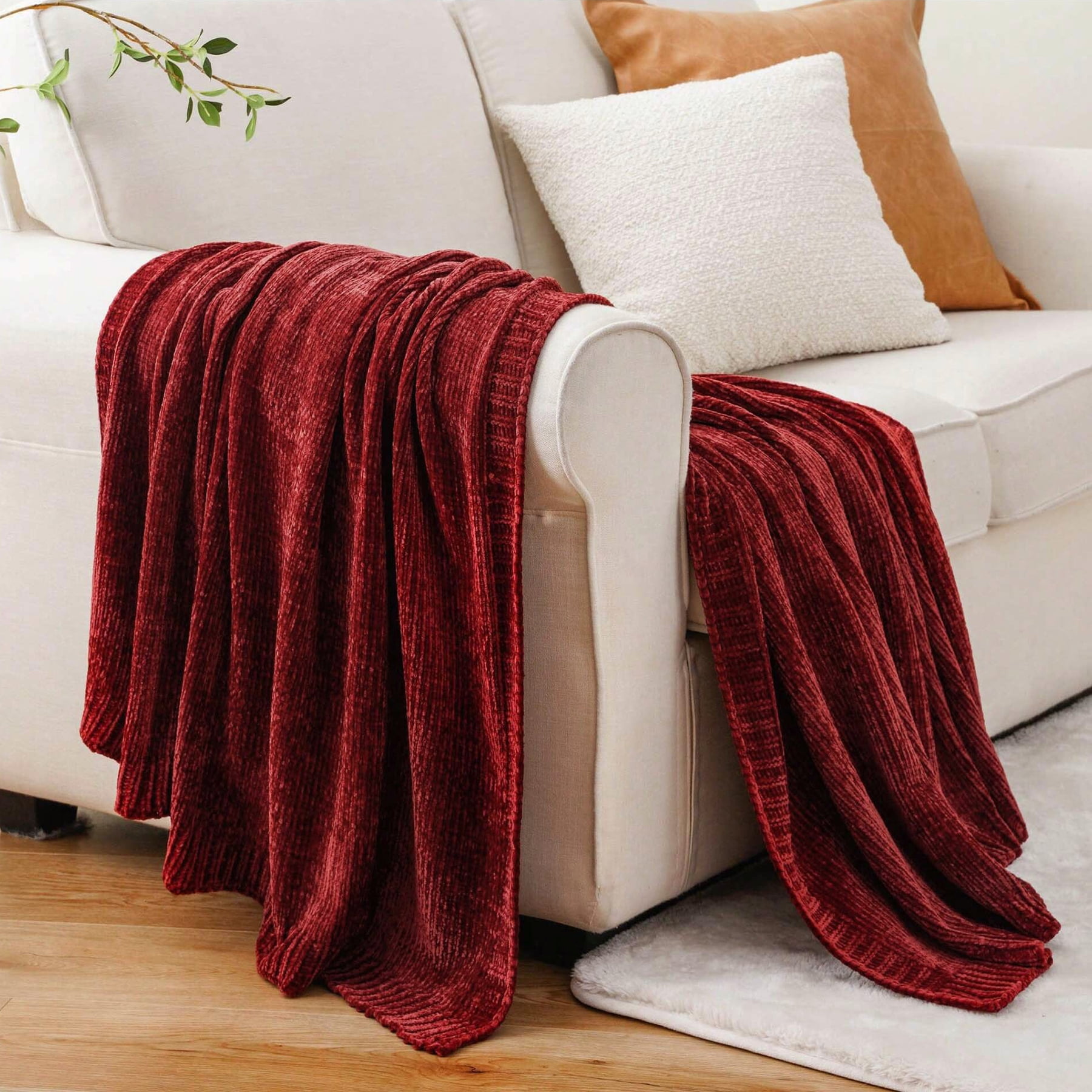 Battilo Burgundy Throw,Chenille Knit Dark Red Blanket,Christmas Decor,Housewarming Gifts,51"x67"
