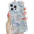 thumbnail image 1 of Case for iPhone 14 Pro Max, Colorful Retro Oil Painting Flower Laser Beam Glossy Pattern Cute Curly Wave Border Exquisite Phone - Blue#2, 1 of 5