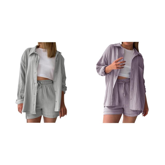 (2-Pack) Rinsvye Womens Crinkle Fabric Shirt Set Long Sleeve Button Down Top With Drawstring Shorts Casual Two-Piece Outfit Wear