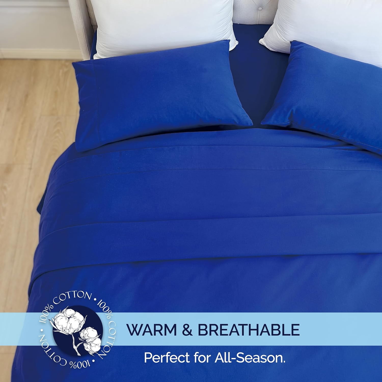 Elegant Comfort Soft 4-Piece Cotton Flannel Sheet Set -Deep Pocket Fitted Sheet, Flannel Sheets - King, Royal Blue