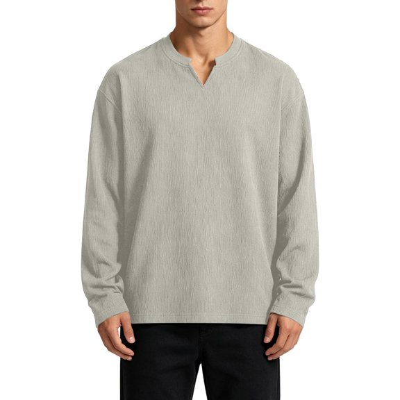 KyCheLot Mens Long Sleeve Shirt V Neck Textured Tops Oversized Casual Athletic Fashion Streetwear Pullover