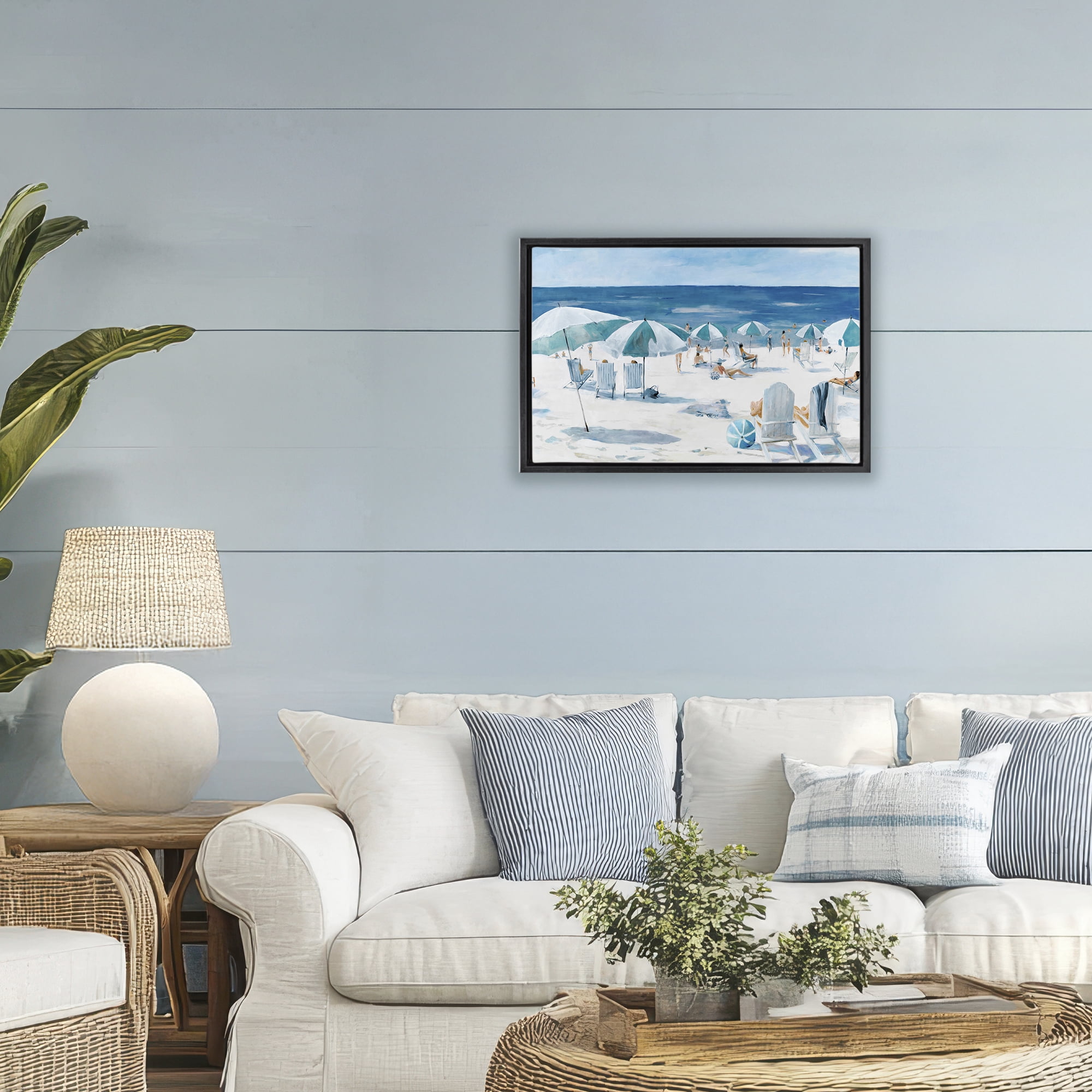 Stupell Industries Umbrella Beach Coastal Scene Black Framed Floater Canvas Wall Art, design by Lorenzo Collective