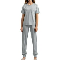 Inleife Two Piece Sets for Women Summer Women's Solid Round Neck Pocket Short Sleeved Top Long Pants Short Sleeved Round Neck Top/shirt Set Gray Sizes Free Size