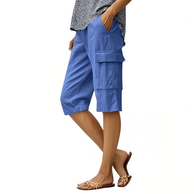 Mgmyaa Bermuda Cargo pour Femmes Longueur Genou Coton Lin Randonnée Shorts Taille Élastique à Cordon Été Décontracté Golf Voyage Extérieur Short avec Multiples Poches