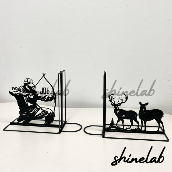 Shinelab Hunting Deer Metal Bookends Custom Hunter Name Bookend Gift, Adventure Desk Bookshelf Decor 6890