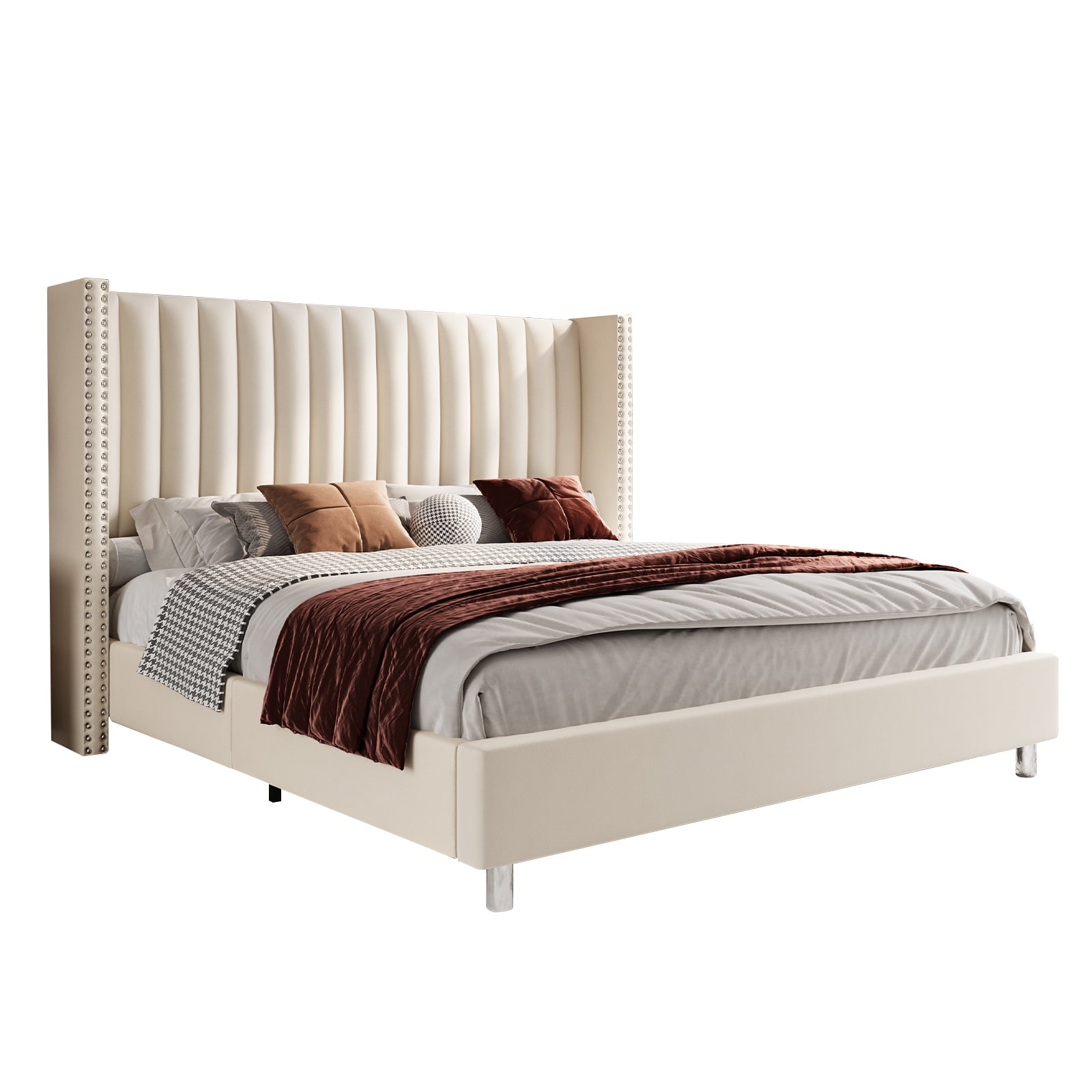 Merluxy Bed Frame Queen Size Upholstered Bed Wingback Headborad Velvet Channel Tufted/No Box Spring Needed/Cream