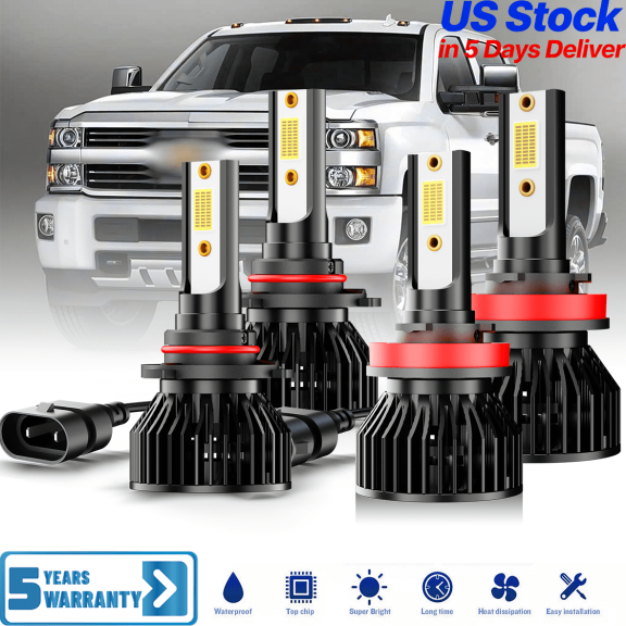 AQJ For Chevrolet Silverado 2500 3500 2008-2015 LED Headlight Bulbs 6000K White Combo, 10000lm, 500% Brightness with Fan, Plug-N-Play, CANbus Ready, 9005x2pcs High Beam+ H11x2pcs Low Beam Combo