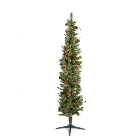 Home Heritage Stanley Clear Prelit Incandescent Green Decorated Skinny Pencil Pine Christmas Tree, 7'